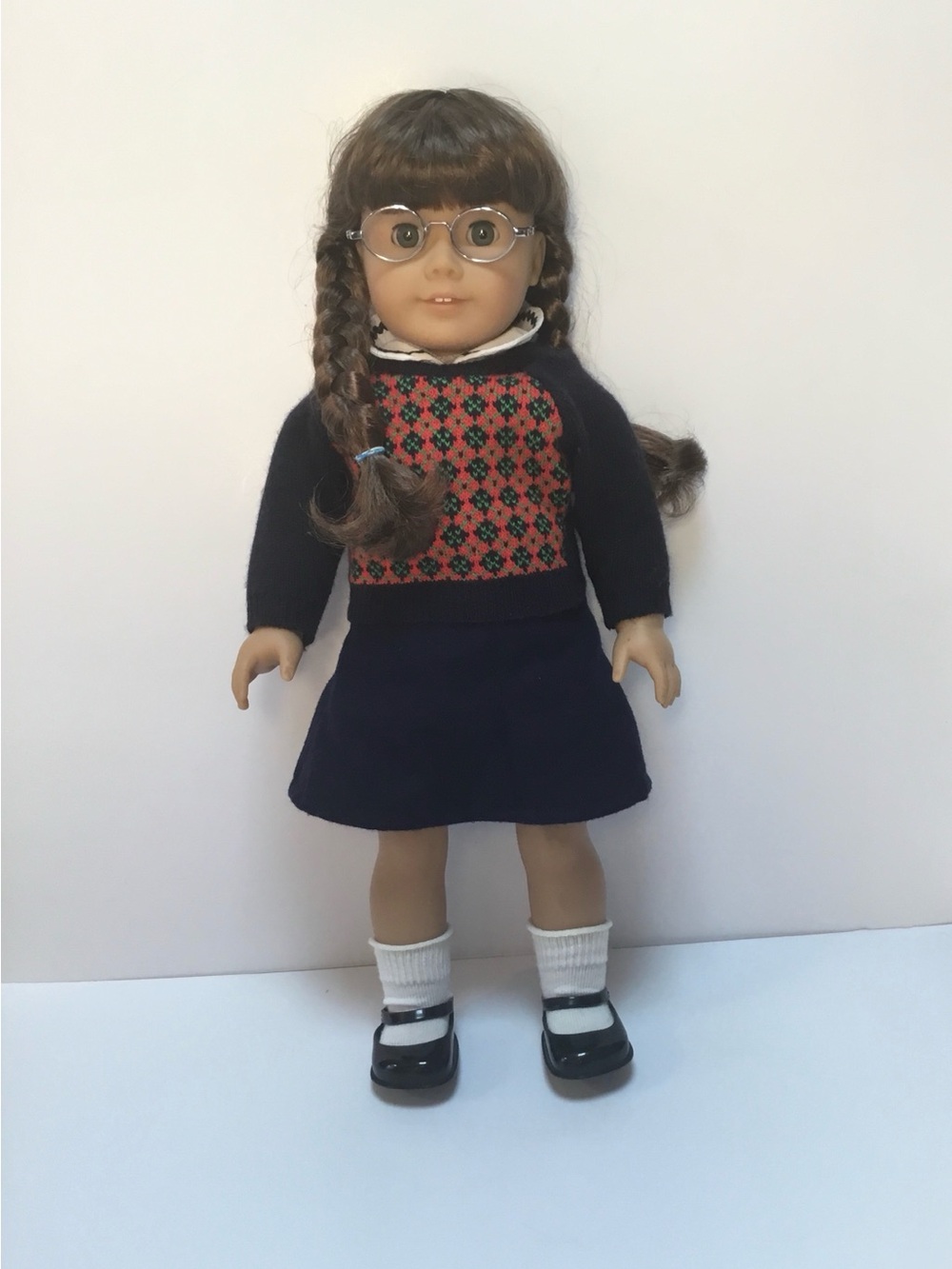Retired American Girl Molly Doll w/Navy Skirt Set with Red Patterned Sweater